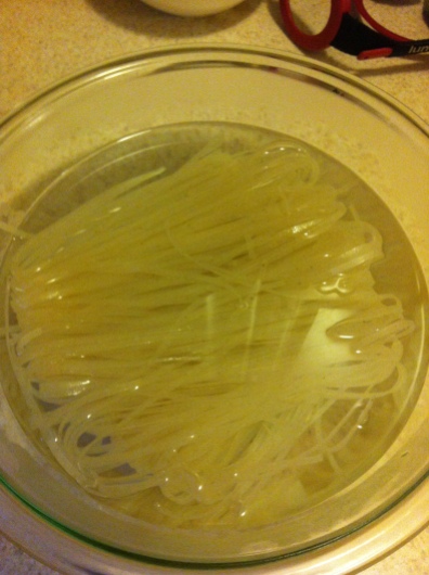 Soak the rice noodles in hot water for 8-10 minutes before adding them to the pan